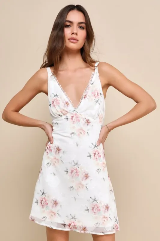 Sincerely Cute White Floral Burnout Lace Slip Mini Dress sold by Lulus