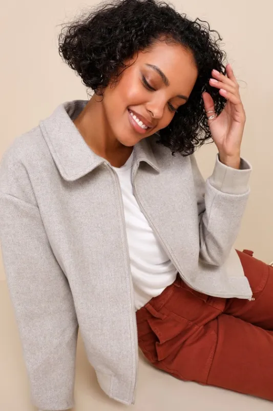 All-Time Trend Heather Grey Collared Bomber Jacket sold by Lulus