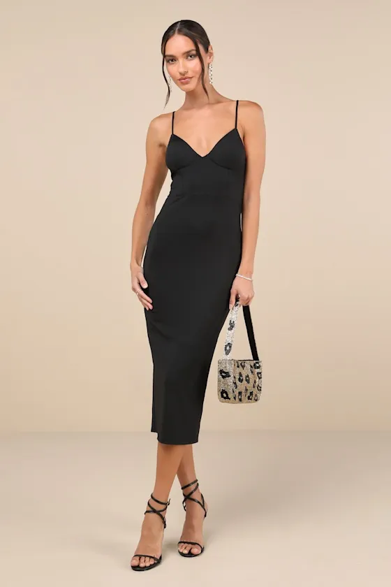 Sophisticated Soiree Black Bustier Midi Bodycon Dress sold by Lulus