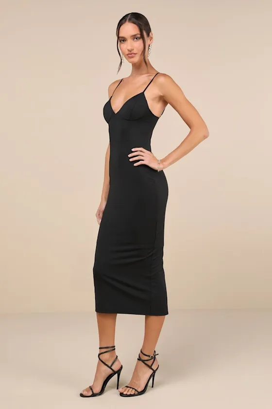 Sophisticated Soiree Black Bustier Midi Bodycon Dress sold by Lulus product image thumbnail 2