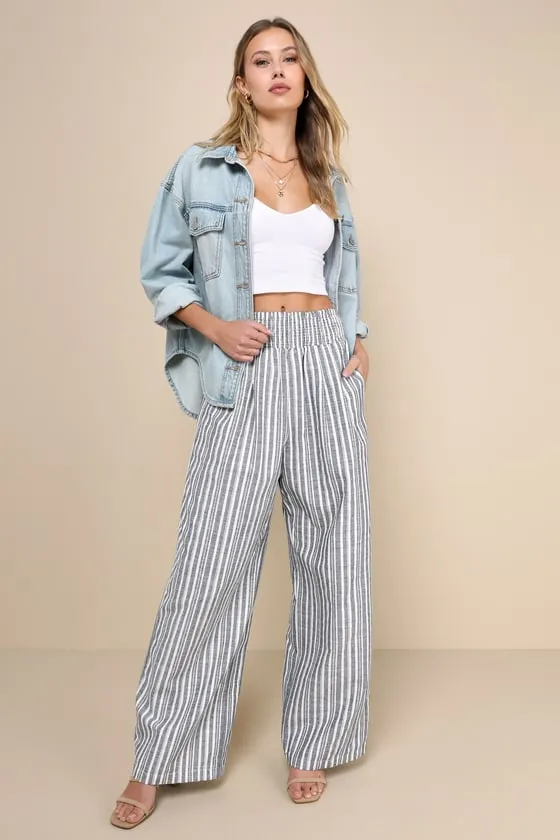 Breezy Getaway Blue and White Striped Linen Wide-Leg Pants sold by Lulus