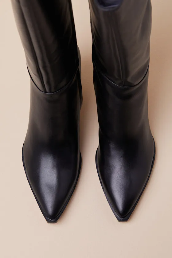 Auggie Wide Calf Black Leather Pointed-Toe Knee-High Boots sold by Lulus product image thumbnail 3