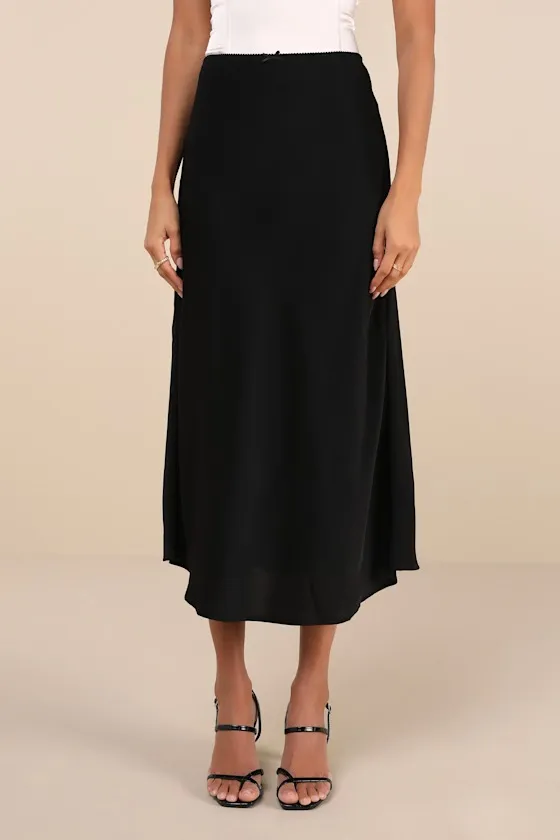 Sleek Proposition Black Satin Bow Midi Skirt sold by Lulus product image thumbnail 2