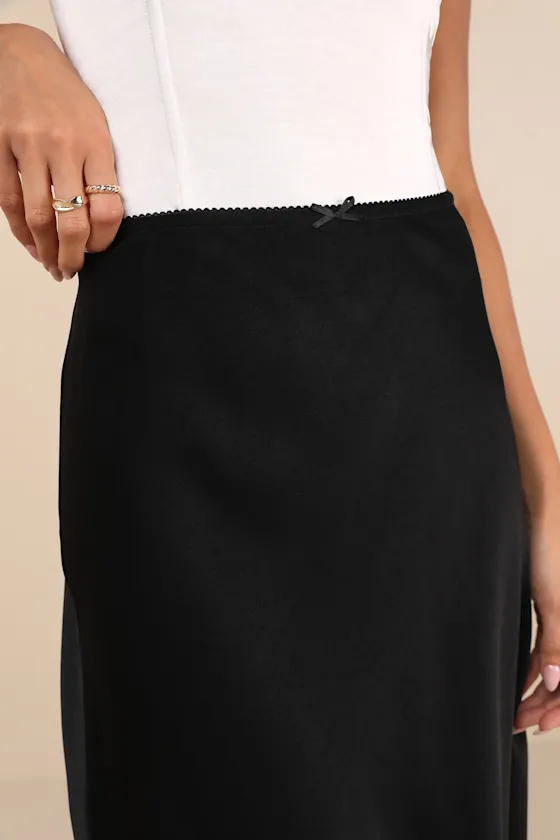 Sleek Proposition Black Satin Bow Midi Skirt sold by Lulus product image thumbnail 4