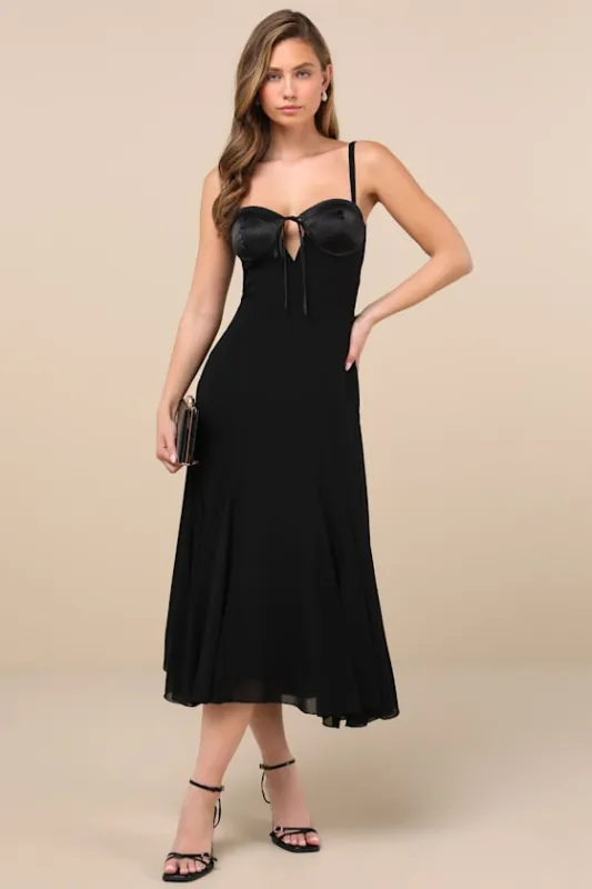 Enticing Invite Black Pleated Midi Dress sold by Lulus
