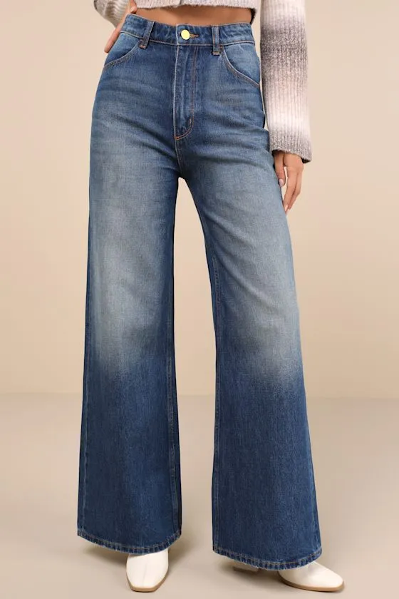 Studio Flare Medium Wash Wide-Leg High-Rise Jeans sold by Lulus product image thumbnail 2
