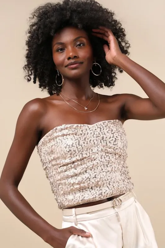 My Favorite Sparkle Rose Gold Sequin Ruched Strapless Crop Top sold by Lulus