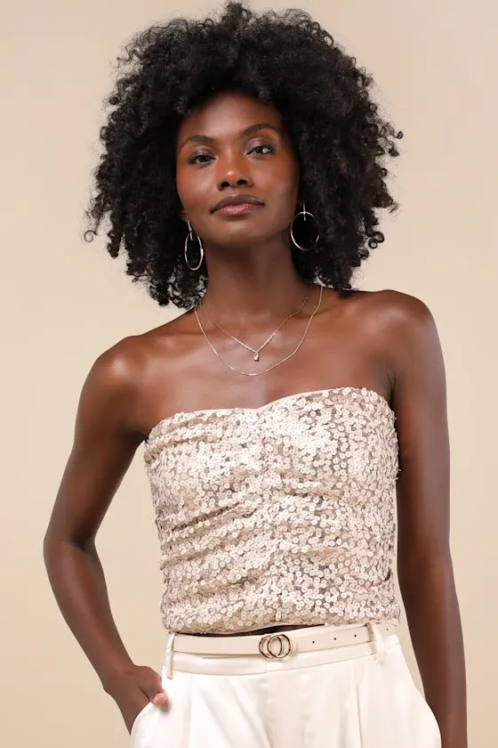 My Favorite Sparkle Rose Gold Sequin Ruched Strapless Crop Top sold by Lulus product image thumbnail 2