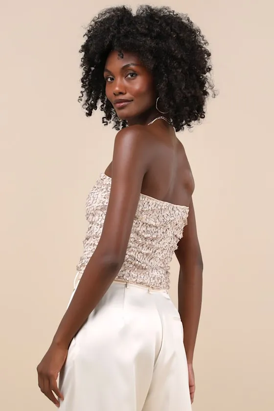 My Favorite Sparkle Rose Gold Sequin Ruched Strapless Crop Top sold by Lulus product image thumbnail 3