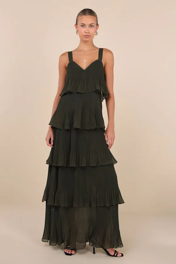 Elegant Nature Olive Green Pleated Sleeveless Tiered Maxi Dress sold by Lulus