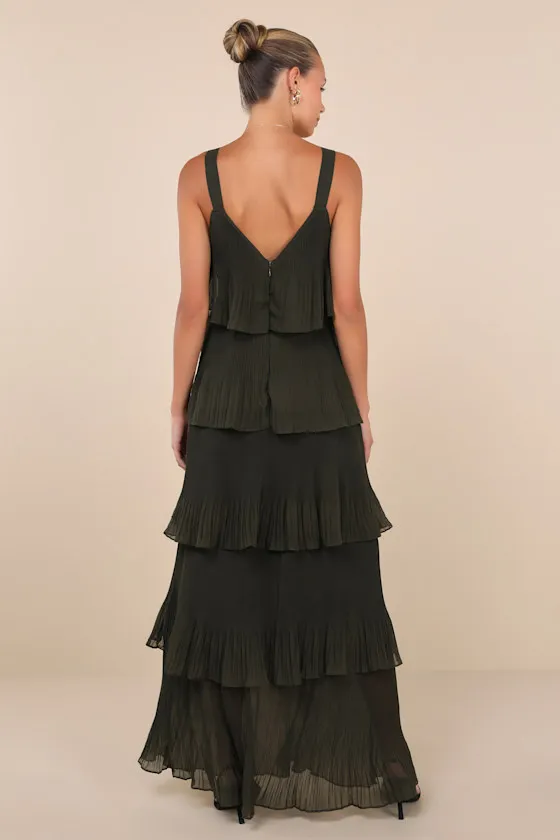 Elegant Nature Olive Green Pleated Sleeveless Tiered Maxi Dress sold by Lulus product image thumbnail 2