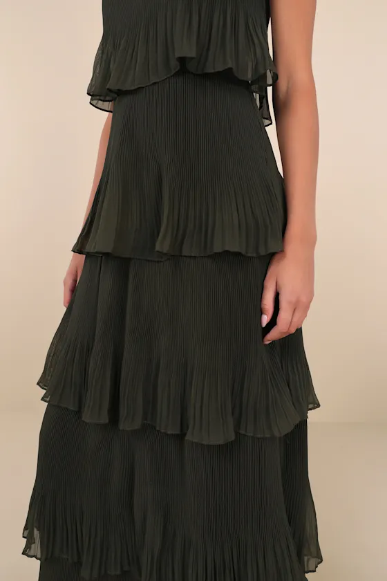 Elegant Nature Olive Green Pleated Sleeveless Tiered Maxi Dress sold by Lulus product image thumbnail 4