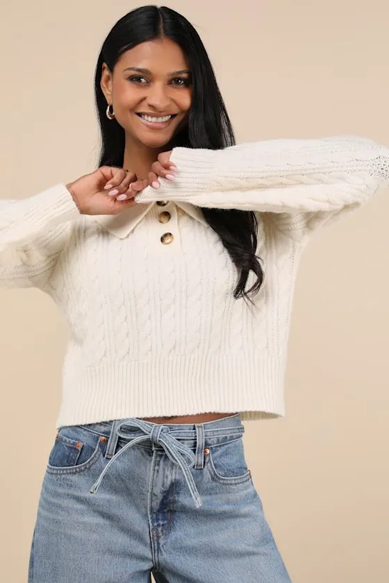 Cozy Agenda Cream Collared Cable Knit Sweater sold by Lulus