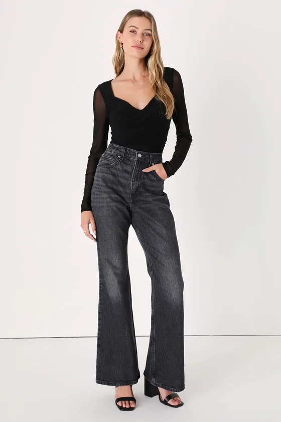 Sheer Confidence Black Mesh Ruched Long Sleeve Bodysuit sold by Lulus product image thumbnail 3