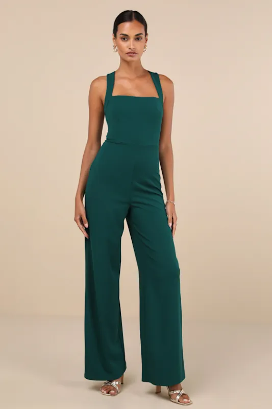 Glamorous Dedication Dark Green Sleeveless Wide-Length Jumpsuit sold by Lulus