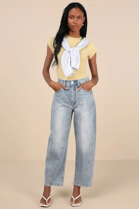 Westward Light Wash High-Rise Barrel Jeans sold by Lulus