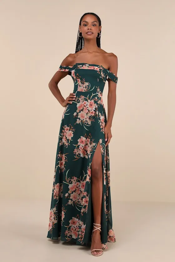 Regal Finesse Emerald Green Floral Off-the-Shoulder Maxi Dress sold by Lulus