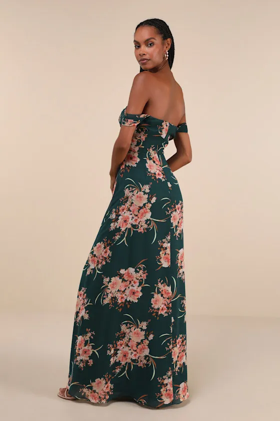 Regal Finesse Emerald Green Floral Off-the-Shoulder Maxi Dress sold by Lulus product image thumbnail 2