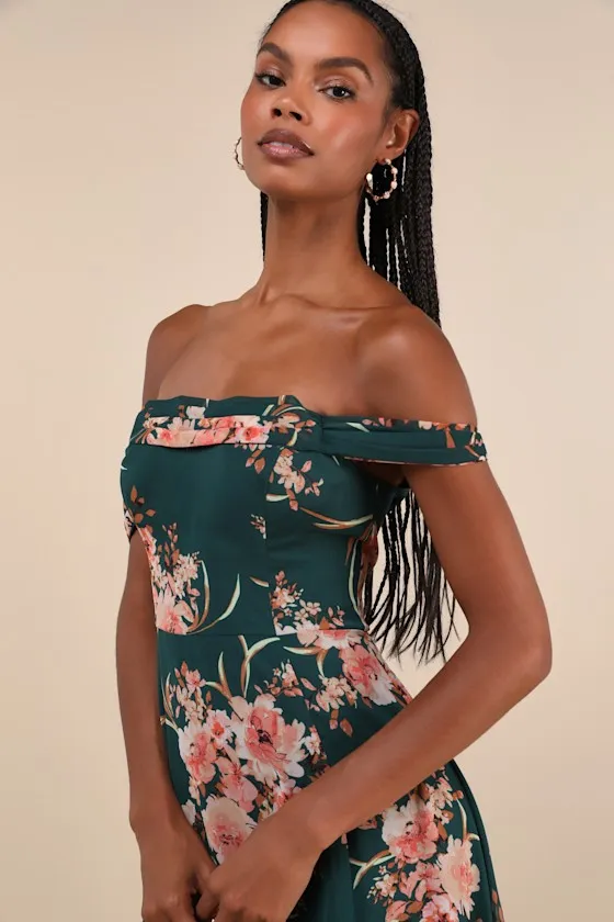 Regal Finesse Emerald Green Floral Off-the-Shoulder Maxi Dress sold by Lulus product image thumbnail 3