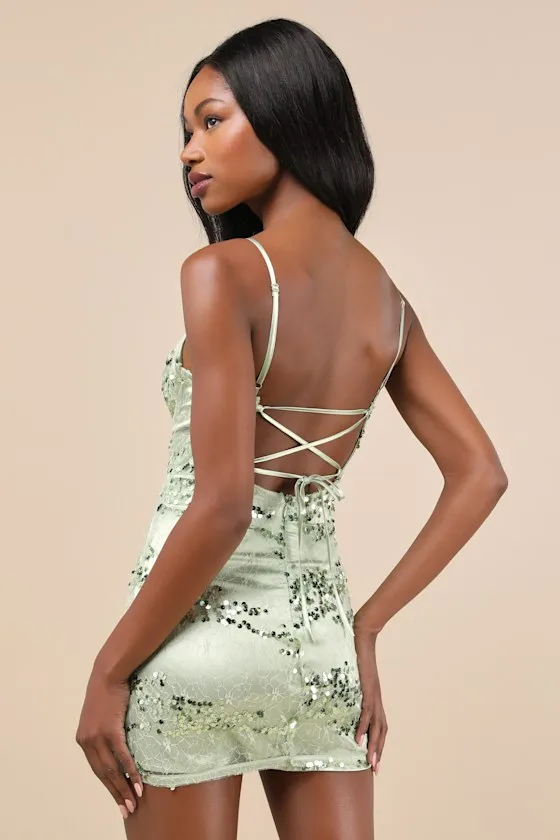 Riveting Shine Light Sage Green Lace Sequin Lace-Up Mini Dress sold by Lulus product image thumbnail 2