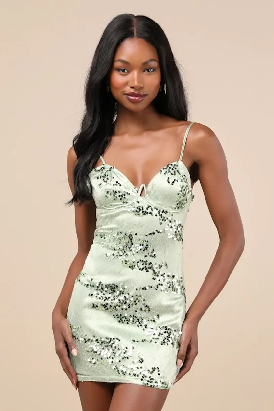 Riveting Shine Light Sage Green Lace Sequin Lace-Up Mini Dress sold by Lulus product image thumbnail 3
