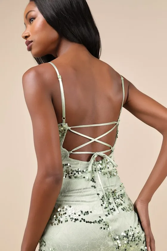 Riveting Shine Light Sage Green Lace Sequin Lace-Up Mini Dress sold by Lulus product image thumbnail 4