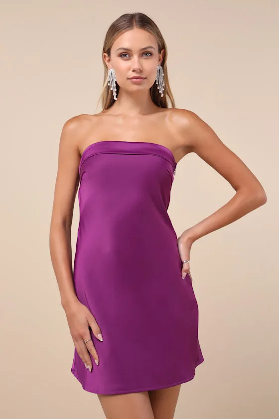 Exquisite Approach Purple Satin Strapless Cowl Back Mini Dress sold by Lulus