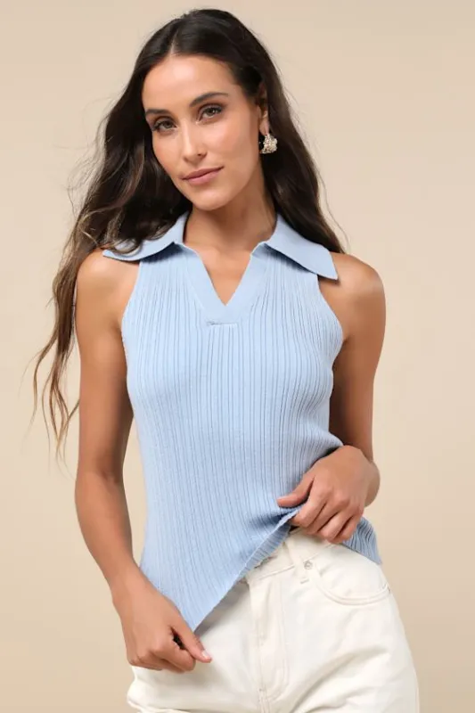 Sincerely Trendy Blue Ribbed Collared Sleeveless Sweater Top sold by Lulus