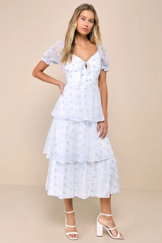 Precious Sweetie White and Blue Gingham Embroidered Midi Dress sold by Lulus