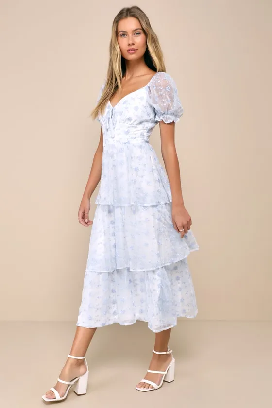 Precious Sweetie White and Blue Gingham Embroidered Midi Dress sold by Lulus product image thumbnail 4