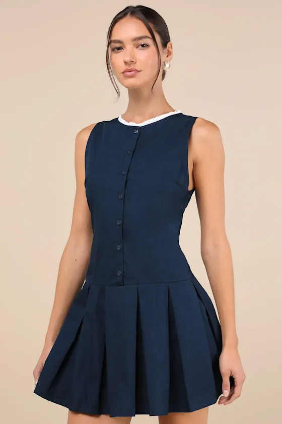 Gitas Navy Blue Cotton Lace Button-Up Drop Waist Mini Dress sold by Lulus