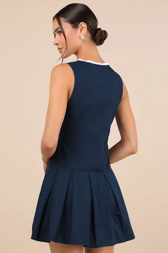 Gitas Navy Blue Cotton Lace Button-Up Drop Waist Mini Dress sold by Lulus product image thumbnail 2