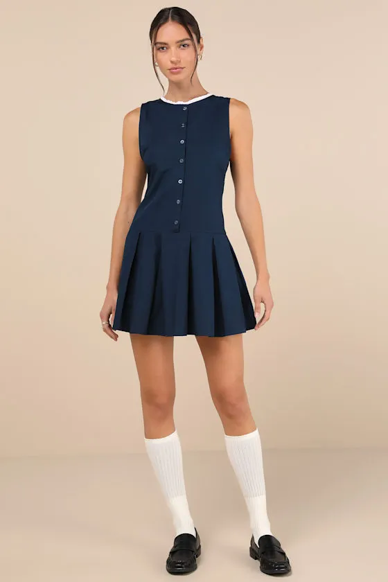 Gitas Navy Blue Cotton Lace Button-Up Drop Waist Mini Dress sold by Lulus product image thumbnail 3