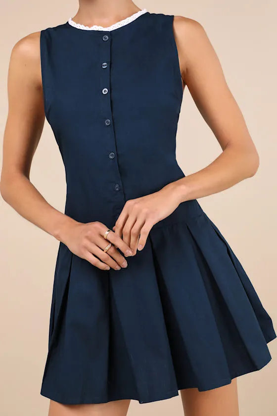 Gitas Navy Blue Cotton Lace Button-Up Drop Waist Mini Dress sold by Lulus product image thumbnail 4