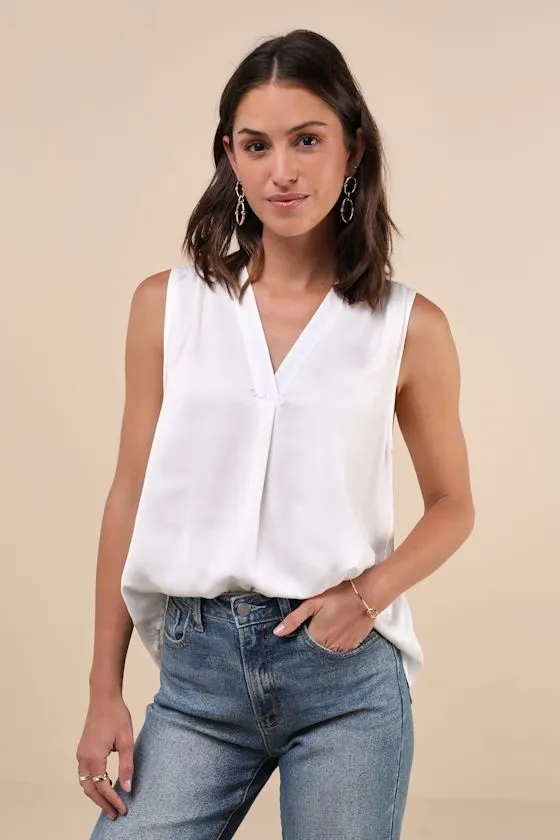Compelling Simplicity White Satin V-Neck Tank Top sold by Lulus