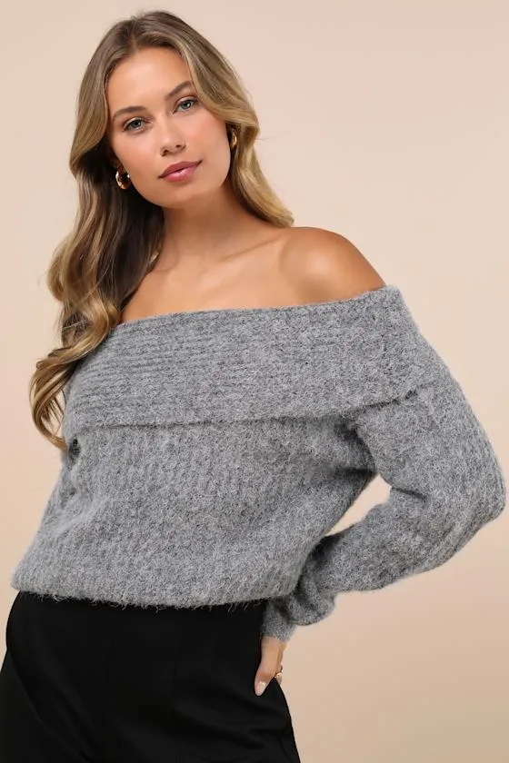 Cozy Outcome Grey Fuzzy Off-the-Shoulder Sweater sold by Lulus