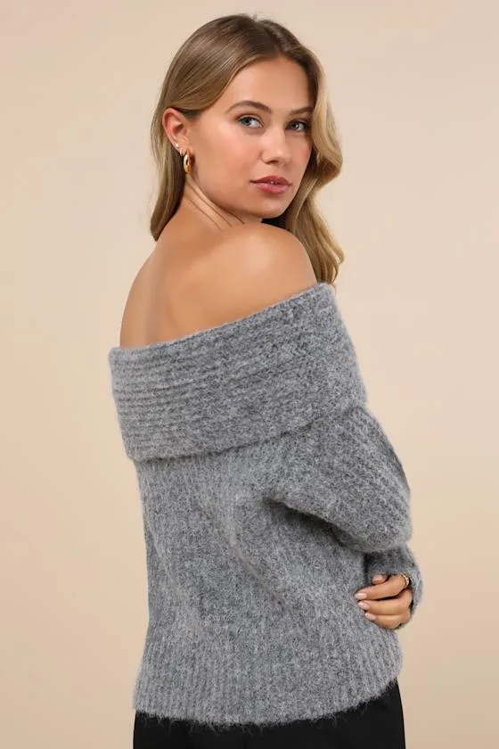 Cozy Outcome Grey Fuzzy Off-the-Shoulder Sweater sold by Lulus product image thumbnail 2