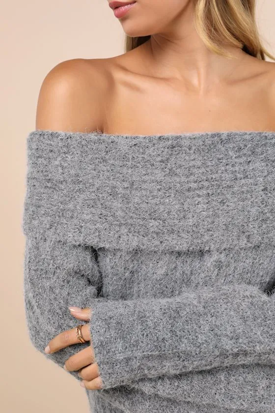 Cozy Outcome Grey Fuzzy Off-the-Shoulder Sweater sold by Lulus product image thumbnail 4