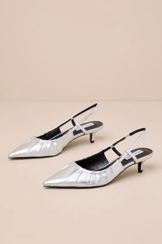 Syrie Silver Leather Pointed-Toe Slingback Kitten Heel Pumps sold by Lulus