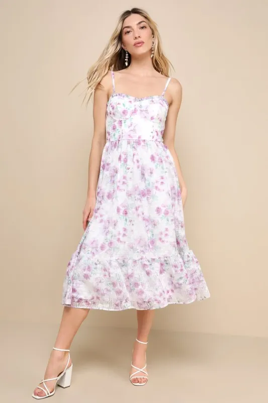 Deeply Darling White Floral Organza Burnout Strapless Midi Dress sold by Lulus