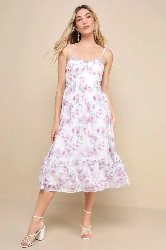 Deeply Darling White Floral Organza Burnout Strapless Midi Dress sold by Lulus