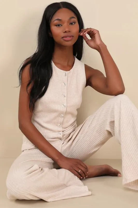 Raney Heather Beige Ribbed Knit Button-Up Tank Top sold by Lulus