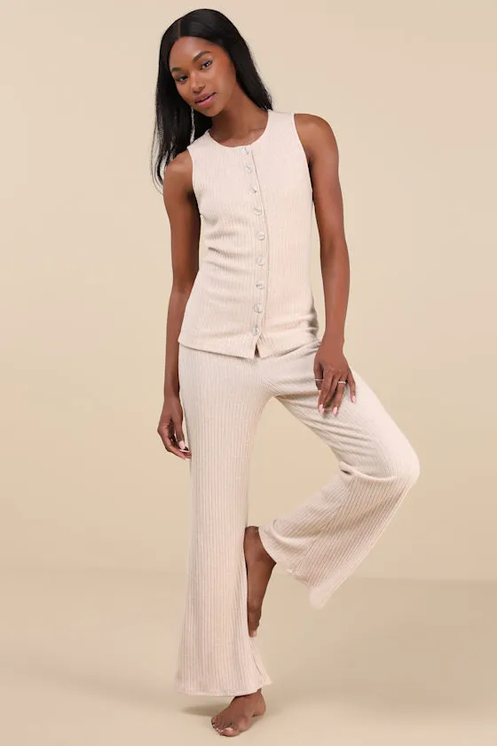 Raney Heather Beige Ribbed Knit Button-Up Tank Top sold by Lulus product image thumbnail 3