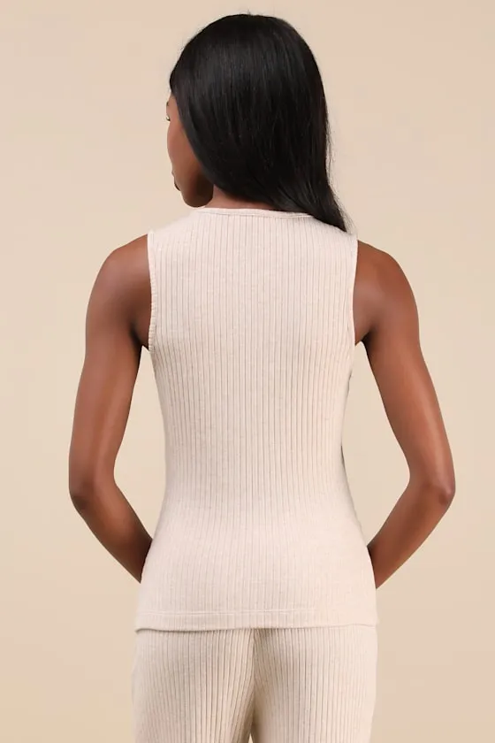 Raney Heather Beige Ribbed Knit Button-Up Tank Top sold by Lulus product image thumbnail 4