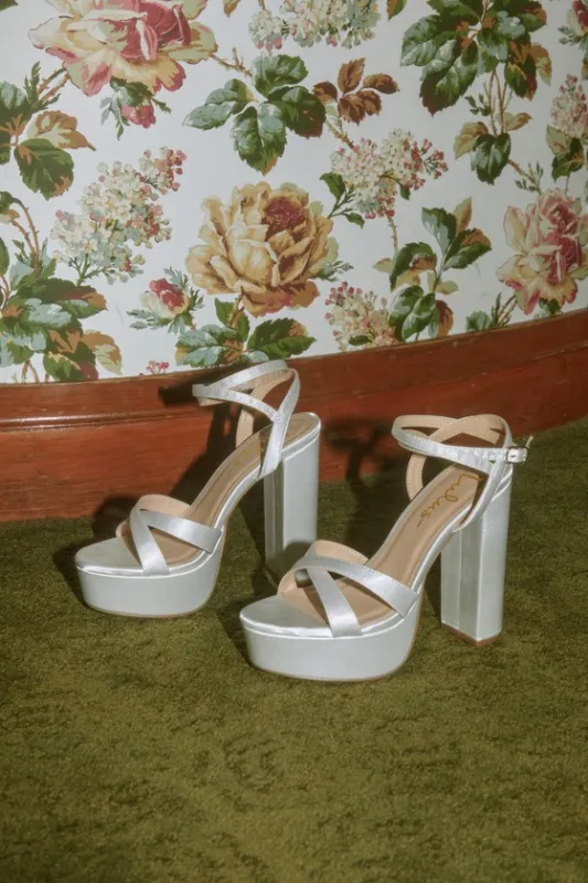 Maisiee White Satin Platform High Heel Ankle Strap Sandals sold by Lulus