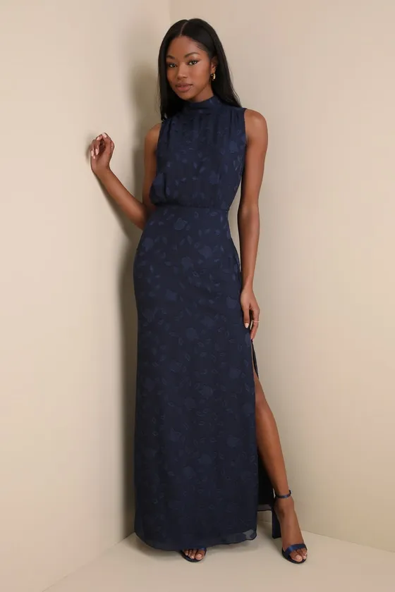 Classic Elegance Navy Blue Burnout Mock Neck Maxi Dress sold by Lulus