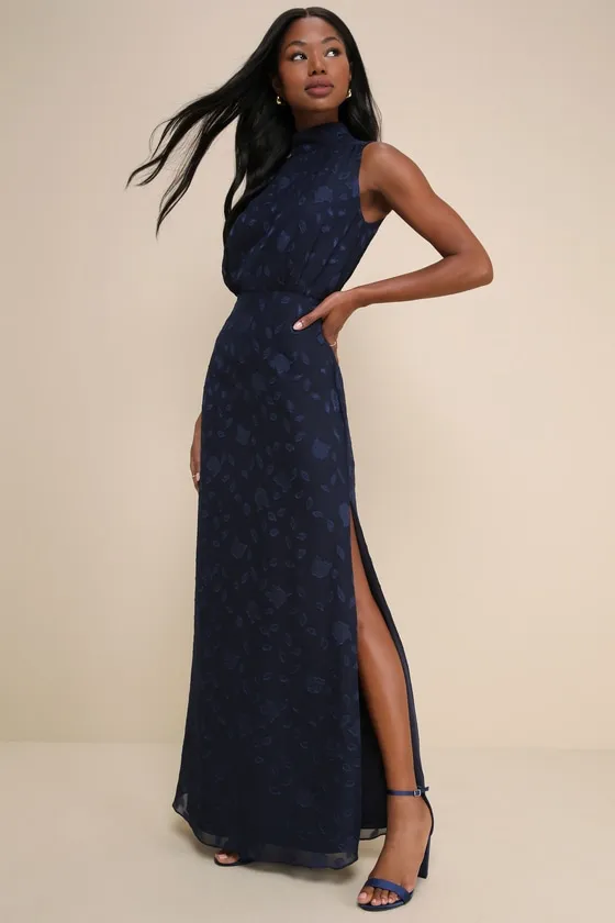 Classic Elegance Navy Blue Burnout Mock Neck Maxi Dress sold by Lulus product image thumbnail 2