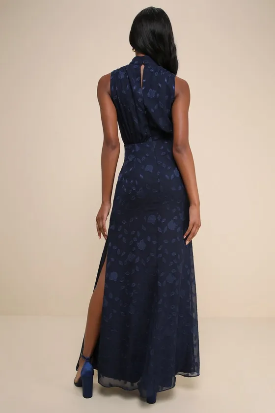 Classic Elegance Navy Blue Burnout Mock Neck Maxi Dress sold by Lulus product image thumbnail 3