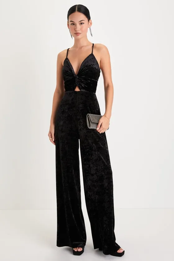 Dreams of Disco Black Velvet Lace-Up Jumpsuit sold by Lulus