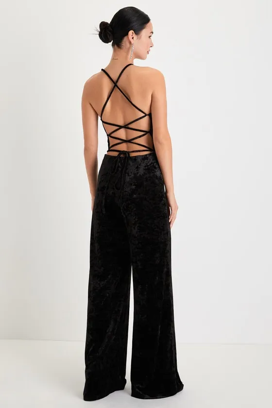 Dreams of Disco Black Velvet Lace-Up Jumpsuit sold by Lulus product image thumbnail 2